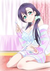 Rule 34 | 1girl, aqua eyes, birthday, breasts, cleavage, long hair, looking at viewer, love live!, purple hair, smile, solo, tojo nozomi, twintails, zero-theme
