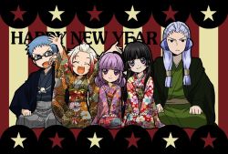 Rule 34 | alternate hairstyle, arms up, black eyes, black hair, blonde hair, blue eyes, blue hair, closed eyes, double bun, glasses, hair bun, hair tubes, happy new year, hubert ozwell, japanese clothes, kimono, kohaku hearts, kunzite (tales), multicolored hair, new year, nico (gumimayu), open mouth, pascal (tales), purple eyes, purple hair, red hair, seiza, sitting, smile, sophie (tales), star (symbol), striped, striped background, tales of (series), tales of graces, tales of hearts, two-tone hair