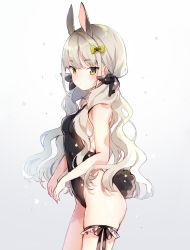 Rule 34 | 1girl, animal ears, bare arms, bare shoulders, black leotard, black ribbon, blush, bow, breasts, bridal garter, closed mouth, commentary, cowboy shot, extra ears, frills, from side, gradient background, green bow, grey background, hair bow, hair ribbon, highres, leotard, long hair, looking at viewer, looking to the side, original, playboy bunny, print leotard, rabbit ears, rabbit girl, rabbit tail, ribbon, silver hair, small breasts, star (symbol), star print, symbol-only commentary, tail, very long hair, wavy hair, yellow eyes, yennineii