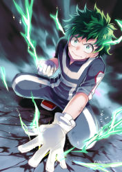 Rule 34 | 1boy, boku no hero academia, clenched hand, dutch angle, electricity, fighting stance, freckles, gloves, green eyes, green hair, hand on ground, highres, male focus, midoriya izuku, red footwear, solo, squatting, sweatdrop, twitter username, u.a. gym uniform, ume (326310), v-shaped eyebrows, white gloves