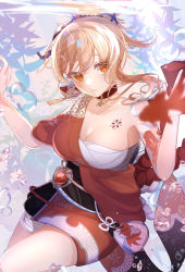 Rule 34 | 1girl, bandages, bare shoulders, black sash, blonde hair, breasts, chest sarashi, chest tattoo, choker, cleavage, commentary request, genshin impact, hands up, head tilt, highres, japanese clothes, kimono, large breasts, long hair, looking at viewer, natsuki yoru, obi, orange kimono, parted lips, partial commentary, sarashi, sash, short kimono, shoulder tattoo, solo, tattoo, thighs, yellow eyes, yoimiya (genshin impact)