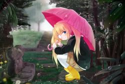 Rule 34 | 1girl, black jacket, blonde hair, blue eyes, blurry, blurry background, blush, boots, brown shorts, closed mouth, eyepatch, from side, full body, holding, holding umbrella, jacket, pantyhose under shorts, long hair, long sleeves, looking at viewer, nakatsu shizuru, outdoors, pantyhose, pink umbrella, rain, rewrite, rubber boots, shorts, smile, solo, squatting, tagame (tagamecat), twintails, umbrella, water drop, white pantyhose, yellow footwear