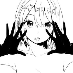Rule 34 | 1girl, gloves, greyscale, monochrome, open mouth, short hair, simple background, solo, upper body, white background, zaxwu