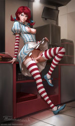 Rule 34 | 1futa, apron, artist name, bad id, bad tumblr id, blue eyes, blue footwear, blue nails, blue ribbon, braid, breasts, breasts out, burger, clothes lift, commentary, detached sleeves, dress, dress lift, english commentary, erection, food, footwear bow, freckles, full-package futanari, full body, futanari, garter belt, garter straps, hair ribbon, highres, indoors, kitchen, lifting own clothes, light smile, long hair, looking away, looking to the side, medium breasts, nail polish, nipples, no bra, no panties, open clothes, patreon username, penis, pinstripe dress, pinstripe pattern, product girl, puffy short sleeves, puffy sleeves, red garter belt, red hair, ribbon, shoes, short sleeves, solo, stirrup legwear, striped clothes, striped dress, striped sleeves, striped thighhighs, tarakanovich, testicles, thighhighs, toeless legwear, twin braids, twintails, uncensored, vertical-striped clothes, vertical-striped dress, waist apron, watermark, web address, wendy&#039;s, wendy (wendy&#039;s)