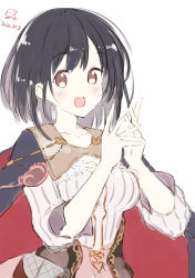 Rule 34 | 1girl, :d, absurdres, atelier (series), bad id, bad pixiv id, black cape, black hair, blush, breasts, brown eyes, cape, character request, dated, grey shirt, hands up, highres, long sleeves, looking at viewer, minidraco, off-shoulder shirt, off shoulder, open mouth, own hands together, shirt, simple background, small breasts, smile, solo, teeth, upper teeth only, white background