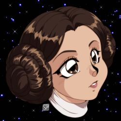 Rule 34 | 0tacat, 1girl, absurdres, animification, brown eyes, brown hair, commentary, double bun, english commentary, hair bun, highres, parted lips, princess leia organa solo, signature, solo, star (sky), star (symbol), star in eye, star wars, star wars: a new hope, symbol in eye