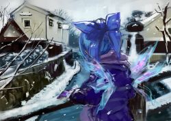 Rule 34 | 1girl, alternate costume, back, bad id, bad twitter id, blue hair, building, cirno, coat, gloves, hair ornament, hair ribbon, house, ice, ice wings, landscape, long sleeves, nature, purupuru, ribbon, scarf, short hair, snow, snowing, solo, touhou, tree, water, wings, winter, winter clothes