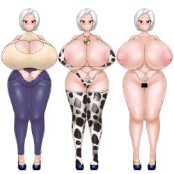 Rule 34 | 1girl, absurdres, alternate costume, animal print, bikini, breasts, cleavage, completely nude, cow print, cow print bikini, cowbell, female focus, gigantic breasts, grey hair, highres, inverted nipples, mature female, nipples, nude, original, pants, print bikini, red eyes, shiny clothes, shiny skin, short hair, solo, stain goat, standing, swimsuit, white background