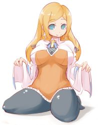 Rule 34 | 1girl, alouette (la pucelle), bad id, bad pixiv id, blonde hair, blue eyes, breasts, cross, dress, female focus, kneeling, la pucelle, large breasts, long hair, nippon ichi, pantyhose, simple background, solo, white background, zako (arvinry)