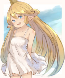 Rule 34 | 1girl, :d, arms behind back, blonde hair, blue eyes, charlotta (granblue fantasy), collarbone, crown, dress, granblue fantasy, hair between eyes, harvin, highres, long hair, looking at viewer, mote max, open mouth, pointy ears, sleeveless, sleeveless dress, smile, solo, white dress