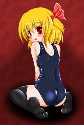 Rule 34 | 1girl, ass, bad id, bad pixiv id, bare shoulders, black thighhighs, blonde hair, blush, breasts, embodiment of scarlet devil, female focus, from behind, hair ribbon, highres, looking at viewer, looking back, no shoes, one-piece swimsuit, open mouth, red eyes, ribbon, rumia, school swimsuit, shiny clothes, short hair, sitting, skindentation, small breasts, smile, solo, spread legs, swimsuit, tera hiroshi, thighhighs, touhou, wariza