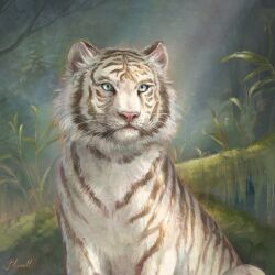 Rule 34 | animal, animal focus, artist name, blunell (artist), commentary, english commentary, grass, looking at viewer, no humans, original, outdoors, signature, solo, tiger, upper body, watermark, white tiger