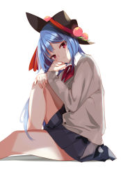 Rule 34 | 1girl, :t, alternate costume, bad id, bad pixiv id, black hat, black skirt, blue hair, cardigan, commentary request, hand on own knee, hands up, hat, hinanawi tenshi, knee up, long sleeves, looking at viewer, miniskirt, pleated skirt, pout, red eyes, red neckwear, school uniform, simple background, sitting, skirt, solo, tetsurou (fe+), touhou, white background, wing collar