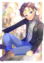 Rule 34 | 1boy, black jacket, blue eyes, blue pants, blurry, blurry background, brown footwear, closed mouth, collared shirt, commentary request, commission, copyright request, crossed legs, depth of field, dress shirt, grey shirt, head tilt, jacket, kou hiyoyo, looking at viewer, male focus, open clothes, open jacket, pants, shirt, shoe soles, shoes, skeb commission, smile, solo, virtual youtuber