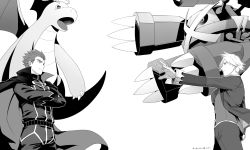 Rule 34 | 2boys, belt, cape, claws, closed mouth, commentary request, creatures (company), crossed arms, dragonite, eye contact, floating cape, from side, game freak, gen 1 pokemon, gen 3 pokemon, greyscale, jacket, jewelry, lance (pokemon), long sleeves, looking at another, male focus, mega metagross, mega pokemon, metagross, monochrome, multiple boys, nintendo, open clothes, open jacket, outstretched arm, pants, pokemon, pokemon (creature), pokemon hgss, pokemon oras, ring, short hair, spiked hair, steven stone, vest, y (036 yng)