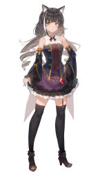 Rule 34 | 1girl, animal ear fluff, animal ears, ankle boots, bare shoulders, black hair, black thighhighs, boots, cat ears, cat girl, cat tail, cosplay, detached sleeves, dress, frilled sleeves, frills, full body, garter straps, hand on own hip, high heel boots, high heels, highres, idolmaster, idolmaster shiny colors, karyl (princess connect!), karyl (princess connect!) (cosplay), kemonomimi mode, long hair, long sleeves, looking at viewer, low twintails, madaragi, mayuzumi fuyuko, multicolored clothes, multicolored dress, multicolored hair, princess connect!, solo, standing, streaked hair, tail, thighhighs, twintails, two-tone hair, very long hair, white background, white hair, zettai ryouiki