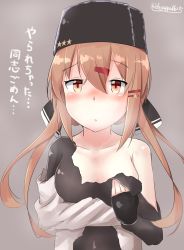 Rule 34 | 1girl, black bow, blush, bow, breasts, brown hair, closed mouth, dakappa, fur hat, grey background, hair between eyes, hair ornament, hairclip, hat, highres, kantai collection, long hair, looking at viewer, low twintails, medium breasts, papakha, red eyes, simple background, solo, star (symbol), tashkent (kancolle), torn clothes, twintails, twitter username