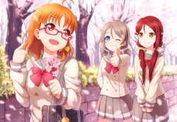 Rule 34 | 10s, 3girls, alternate hairstyle, bag, bespectacled, blue eyes, bow, branch, brown hair, cherry blossoms, commentary request, double-breasted, glasses, grin, hair bow, hair ornament, hair scrunchie, hairclip, holding, holding branch, love live!, love live! sunshine!!, low twintails, multiple girls, one eye closed, orange hair, pleated skirt, pointing, pointing at self, red bow, red eyes, red hair, sakurauchi riko, school bag, school uniform, scrunchie, serafuku, short twintails, skirt, smile, spring (season), takami chika, thumbs up, tree, twintails, uranohoshi school uniform, watanabe you, yellow bow, yellow eyes, zzt (zztsama)