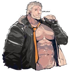 Rule 34 | 1boy, abs, bara, bare pectorals, beard, chest hair, cropped torso, cross scar, facial hair, fangs, jacket, kresnik (housamo), large pectorals, leather, leather jacket, long hair, looking at viewer, male focus, male pubic hair, mature male, muscular, muscular male, navel, navel hair, necktie, nipples, old, old man, open clothes, open jacket, pectorals, ponytail, pubic hair, rybiok, scar, scar on face, scar on forehead, smile, solo, stomach, tokyo houkago summoners, white background, white hair