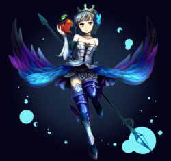 Rule 34 | 1girl, apple, armor, armored dress, bare shoulders, blue eyes, breasts, choker, cleavage, collarbone, crown, detached sleeves, dress, food, food bite, fruit, full body, greaves, gwendolyn (odin sphere), hair ornament, haku (grimjin), heart, heart-shaped food, highres, holding, holding food, holding fruit, low wings, medium breasts, multicolored wings, odin sphere, polearm, pteruges, short hair, showgirl skirt, silver hair, solo, spear, strapless, strapless dress, thighhighs, weapon, wings, zettai ryouiki