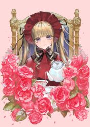 Rule 34 | 1girl, 58 (scbaby), black bow, black bowtie, blonde hair, blue eyes, blunt bangs, bonnet, bow, bowtie, capelet, closed mouth, commentary, cup, drill hair, drill sidelocks, flower, flower brooch, hat, highres, holding, holding teapot, lolita fashion, long hair, looking at viewer, medium bangs, pink background, pink flower, pink rose, red capelet, red hat, rose, rozen maiden, saucer, shinku, sidelocks, smile, solo, symbol-only commentary, tea, teacup, teapot, throne, twintails, upper body
