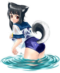 Rule 34 | 1girl, animal ears, ass, black hair, blush, clothing cutout, from behind, leaning forward, long hair, looking at viewer, looking back, mizuki gyokuran, no pants, one-piece swimsuit, open mouth, original, red eyes, ripples, school swimsuit, school uniform, see-through, serafuku, shirt, solo, swimsuit, swimsuit under clothes, tail, tail through clothes, wading, water, wet, wet clothes, wet shirt