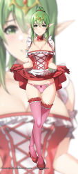 Rule 34 | 1girl, absurdres, adapted costume, alternate costume, apron, blush, breasts, clothes lift, commission, detached collar, deviantart username, dress, dress lift, enmaided, female focus, fire emblem, fire emblem awakening, full body, gloves, green eyes, green hair, highres, large breasts, lifted by self, looking at viewer, maid, matching hair/eyes, nintendo, okamired, panties, pink panties, pink thighhighs, pointy ears, ponytail, red eyes, red footwear, red gloves, sidelocks, smile, solo, thighhighs, tiki (adult) (fire emblem), tiki (fire emblem), underwear, waist apron, walking, watermark, web address