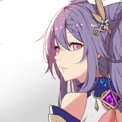 Rule 34 | 1girl, absurdres, commentary request, detached sleeves, double bun, from behind, genshin impact, hair bun, hair ornament, highres, keqing (genshin impact), long hair, looking at viewer, looking back, mush (mushlicious), parted lips, purple eyes, purple hair, sidelocks, simple background, solo, twintails, vision (genshin impact), white background