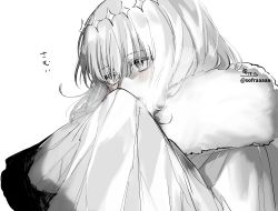 Rule 34 | 1boy, absurdres, bad id, bad twitter id, blush, breath, cloak, fate/grand order, fate (series), fur-trimmed cloak, fur trim, greyscale, hair over eyes, highres, male focus, monochrome, oberon (fate), open mouth, signature, simple background, sofra, solo, translation request, twitter username, white background