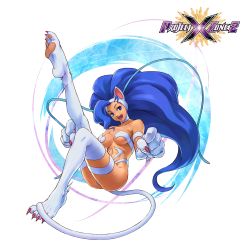 Rule 34 | 1girl, absurdres, animal ears, animal hands, big hair, blue eyes, blue hair, breasts, capcom, cat ears, clenched hands, fang, felicia (vampire), full body, fur, highres, leg up, logo, matching hair/eyes, official art, open mouth, project x zone, project x zone 2, solo, tail, vampire (game)