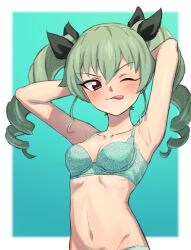Rule 34 | 1girl, anchovy (girls und panzer), armpits, arms behind head, blush, bra, breasts, brown eyes, collarbone, commentary, commission, drill hair, girls und panzer, green bra, green hair, green panties, hair ribbon, highres, lingerie, long hair, looking at viewer, navel, ogi non, one eye closed, panties, ribbon, simple background, small breasts, smile, solo, tongue, tongue out, twin drills, twintails, underwear, upper body