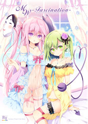 Rule 34 | 2girls, :o, alternate hairstyle, arm support, babydoll, bare shoulders, blue dress, blush, bow, breasts, colored eyelashes, commentary request, cover, curtains, dress, feet out of frame, flower, frills, green eyes, green hair, groin, hair between eyes, hair bow, hair flower, hair ornament, hata no kokoro, heart, heart of string, highres, jewelry, komeiji koishi, leg ribbon, long hair, looking at viewer, mask, mask on head, maturiuta sorato, medium breasts, multiple girls, navel, necklace, no headwear, off-shoulder dress, off shoulder, one side up, panties, parted lips, pendant, pink bow, pink hair, pink panties, pink ribbon, purple eyes, purple flower, purple rose, ribbon, rose, short hair, short sleeves, sidelocks, sitting, smile, stomach, thighhighs, thighs, third eye, touhou, underwear, very long hair, white legwear, window, wrist cuffs, yellow dress, yellow panties