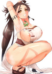 Rule 34 | 1girl, absurdres, areola slip, armpits, bare shoulders, body markings, breasts, brown eyes, brown hair, dress, facial mark, fate/grand order, fate (series), forehead, forehead mark, highres, himiko (fate), jewelry, large breasts, long hair, looking at viewer, magatama, magatama necklace, namonakisyura, necklace, no bra, no panties, sash, side slit, sideboob, simple background, thighs, topknot, twintails, white background, white dress