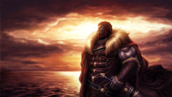 Rule 34 | 1boy, armor, beard, cape, facial hair, fate/zero, fate (series), highres, iskandar (fate), male focus, manly, muscular, ocean, red eyes, red hair, solo, sunset, sword, weapon, zelo-lee