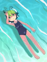 Rule 34 | 1girl, alternate costume, antennae, breasts, commentary, full body, green eyes, green hair, hair between eyes, highres, looking at viewer, lying, lying on water, one-piece swimsuit, open mouth, short hair, small breasts, solo, swimsuit, touhou, ugif, water, wriggle nightbug