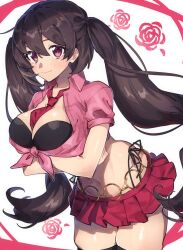 Rule 34 | 1girl, black thighhighs, blush, breasts, brown hair, character request, cleavage, commentary request, eyelashes, happy, highres, large breasts, long hair, looking at viewer, midriff, miniskirt, navel, necktie, pink shirt, red eyes, red necktie, red skirt, senki zesshou symphogear, shirt, simple background, skirt, smile, solo, standing, thighhighs, thighs, twintails, white background, yukitsuba hina