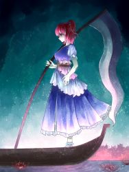 Rule 34 | 1girl, \||/, boat, bobby socks, breasts, female focus, flower, full body, hair ornament, hair ribbon, highres, holding, large breasts, onozuka komachi, profile, puffy short sleeves, puffy sleeves, red eyes, red hair, ribbon, scythe, short hair, short sleeves, skirt, socks, solo, spider lily, standing, tauta (meshia8787), touhou, two side up, water, watercraft