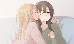 Rule 34 | 2girls, absurdres, arm around shoulder, betock, blonde hair, blurry, blush, brown eyes, brown hair, commentary request, couch, depth of field, closed eyes, green sweater, hand up, highres, kiss, kissing cheek, long hair, long sleeves, multiple girls, one eye closed, original, parted lips, pink sweater, soft focus, sweater, yuri