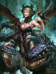 Rule 34 | 1girl, blonde hair, breasts, cleavage, dcwj, highres, legend of the cryptids, pointy ears, short hair, wings, yellow eyes