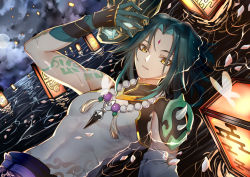 Rule 34 | 1boy, absurdres, arisu (wangyunqiu), arm tattoo, bead necklace, beads, black gloves, black hair, cloud, cloudy sky, facial mark, forehead mark, genshin impact, gloves, green hair, highres, holding, holding mask, jewelry, lantern, long hair, male focus, mask, moon, multicolored hair, necklace, night, night sky, ocean, open mouth, outdoors, parted bangs, petals, petals on liquid, sky, slit pupils, solo, tassel, tattoo, water, xiao (genshin impact), yellow eyes