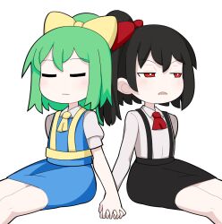 Rule 34 | 2girls, ascot, black hair, black skirt, blue skirt, blue vest, blush, bow, bright pupils, closed eyes, closed mouth, collared shirt, commentary request, cookie (touhou), daiyousei, diyusi (cookie), feet out of frame, flat chest, green hair, hair bow, high-visibility vest, holding hands, hospital king, long sleeves, medium bangs, medium hair, multiple girls, open mouth, ponytail, red ascot, red bow, red eyes, shirt, short sleeves, simple background, sitting, siyudi (cookie), skirt, suspender skirt, suspenders, touhou, vest, white background, white pupils, white shirt, yellow ascot, yellow bow