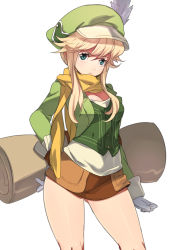 Rule 34 | 1girl, blonde hair, breasts, clarissa arwin, cleavage, coat, drawfag, feathers, gloves, green eyes, hairband, hat, legs, long hair, naso4, non-web source, scarf, scroll, short shorts, shorts, sidelocks, solo, thighhighs, white background, wild arms, wild arms xf