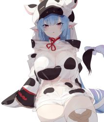 Rule 34 | 1girl, animal ears, animal print, blue hair, blunt bangs, catura (granblue fantasy), commentary request, cow ears, cow girl, cow hood, cow horns, cow print, cow tail, draph, ear piercing, granblue fantasy, hat, highres, horns, long hair, looking at viewer, piercing, pink eyes, pointy ears, shorts, simple background, sitting, solo, stardust-kun, tail, thighhighs, thighs, white background, white shorts, white thighhighs