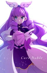 Rule 34 | 1girl, aqua eyes, character name, commentary request, cure noble, dress, eyelashes, hair ornament, highres, hirogaru sky! precure, long hair, looking at viewer, magical girl, precure, princess ellerein, puri1028puri, purple dress, purple hair, serious, simple background, solo, standing, white background, wing hair ornament