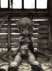Rule 34 | 1girl, amputee, android, bike shorts, broken, crying, female focus, gloves, indoors, injury, ken makiba, midriff, monochrome, navel, open mouth, robot ears, short hair, solo, tears