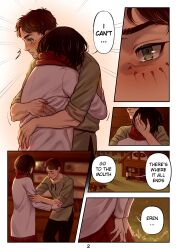 Rule 34 | 1boy, 1girl, absurdres, annlu vazzel, black hair, brown hair, comic, commentary, emphasis lines, english commentary, english text, eren yeager, facial mark, grass, green eyes, green tunic, highres, house, hug, long skirt, mikasa ackerman, page number, red scarf, red skirt, scarf, shingeki no kyojin, short hair, skirt, tunic