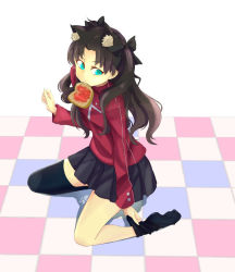 Rule 34 | 1girl, animal ears, black hair, blue eyes, bread slice, cat ears, fate/stay night, fate (series), food, food in mouth, long hair, mitchlin, mouth hold, solo, thighhighs, toast, toast in mouth, tohsaka rin, two side up