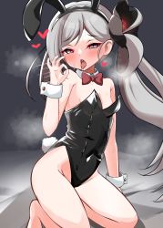 Rule 34 | 1girl, :o, animal ears, arm support, bare shoulders, barefoot, black leotard, blue archive, bow, bowtie, breasts, cleavage, collarbone, commentary request, detached collar, fake animal ears, fake tail, fellatio gesture, gesture, grey eyes, grey hair, groin, hair ornament, hairband, handjob gesture, highleg, highleg leotard, highres, leotard, long hair, looking at viewer, mamiyahara hitoshige, mutsuki (blue archive), parted bangs, playboy bunny, rabbit ears, rabbit tail, seiza, sexually suggestive, side ponytail, sidelocks, simple background, sitting, sleeveless, small breasts, solo, strapless, strapless leotard, suggestive gesture, tail, tongue, tongue out, wrist cuffs