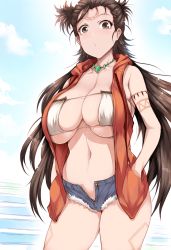 Rule 34 | 1girl, bare shoulders, beads, bikini, bikini top only, blue shorts, breasts, brown eyes, brown hair, cleavage, collarbone, contemporary, denim, denim shorts, drawstring, facial mark, fate/grand order, fate (series), forehead, forehead mark, heroic spirit tour outfit, highres, himiko (fate), himiko (tour outfit) (fate), hood, hooded vest, hoodie, jewelry, large breasts, long hair, looking at viewer, magatama, magatama necklace, necklace, open fly, orange vest, short shorts, shorts, skindentation, solo, swimsuit, topknot, tsukasawa takamatsu, twintails, vest, white bikini