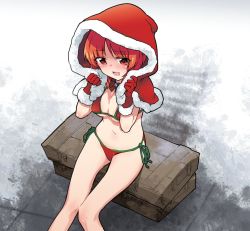Rule 34 | 1girl, bikini, blush, breasts, brown eyes, brown hair, capelet, christmas, cleavage, commentary request, fur-trimmed capelet, fur trim, girls und panzer, girls und panzer senshadou daisakusen!, gloves, hood, hooded capelet, medium breasts, monolith (suibou souko), navel, neck ribbon, nishizumi miho, official alternate costume, open mouth, red bikini, red capelet, red gloves, red ribbon, ribbon, santa bikini, santa gloves, short hair, side-tie bikini bottom, sitting, smile, solo, swimsuit